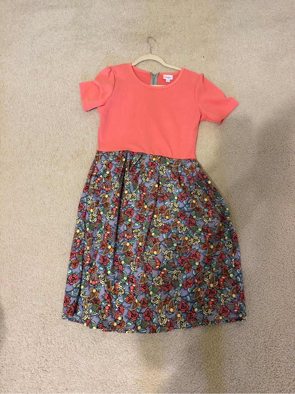 Large LuLaRoe LLR Amelia Cap Sleeve Dress Solid coral and floral print